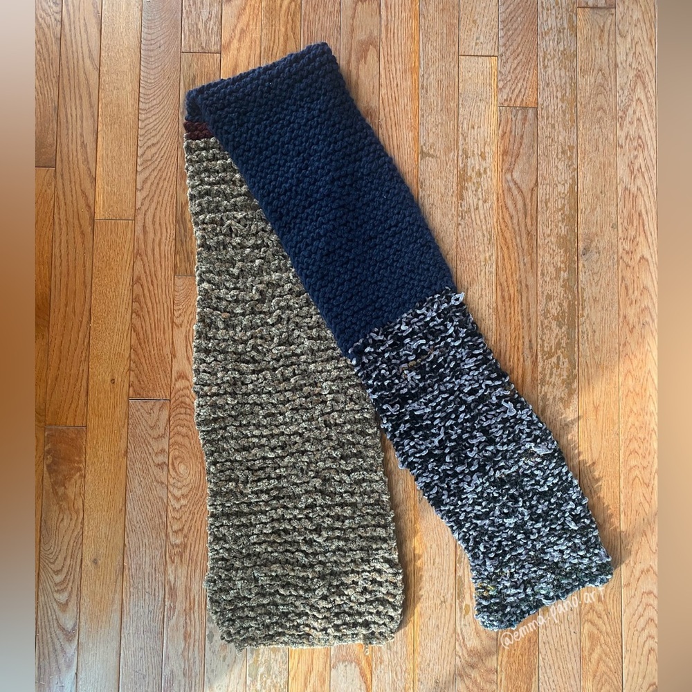 brown and blue striped wool knit oversized scarf